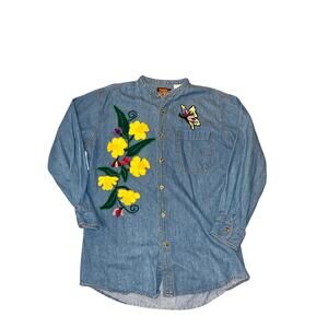 VTG 90s Mens Chambray button up shirt butterfly floral mens medium 100% cotton